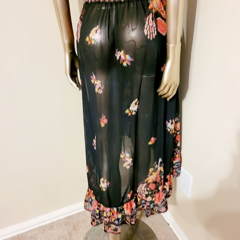 NWOT Floral Shirred Waist Tie Front Ruffle Hem Boho Sheer Dress Sz M - Picture 14 of 16